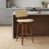26" Cream And Brown Faux Leather And Fabric And Wood Low Back Counter Height Swivel Bar Chair