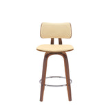 26" Cream And Wood Brown Faux Leather Swivel Low Back Counter Height Bar Chair