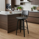 26" Gray And Black Faux Leather And Fabric And Wood Low Back Counter Height Swivel Bar Chair