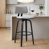 26" Light Gray And Black Fabric And Wood Low Back Counter Height Swivel Bar Chair
