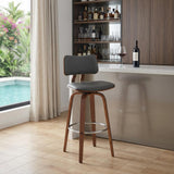 30" Gray And Brown Faux Leather And Fabric And Wood Low Back Bar Height Swivel Bar Chair