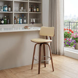 30" Cream And Brown Faux Leather And Fabric And Wood Low Back Bar Height Swivel Bar Chair