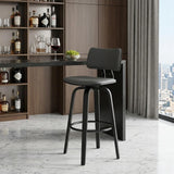 30" Gray And Black Faux Leather And Fabric And Wood Low Back Bar Height Swivel Bar Chair