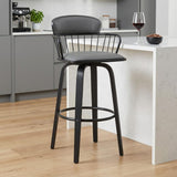 26" Gray And Black Faux Leather And Fabric And Wood Low Back Counter Height Swivel Bar Chair