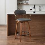 26" Gray And Brown Faux Leather And Fabric And Wood Low Back Counter Height Swivel Bar Chair