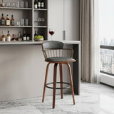 30" Gray And Brown Faux Leather And Fabric And Wood Low Back Bar Height Swivel Bar Chair