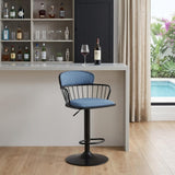 Blue And Black Fabric And Metal Low Back Adjustable Height Swivel Bar Chair