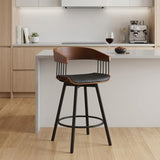27" Black Faux Leather And Fabric And Metal Low Back Counter Height Swivel Bar Chair