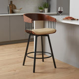 27" Cream And Black Faux Leather And Fabric And Metal Counter Height Swivel Bar Chair