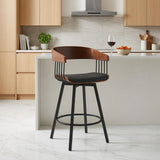 27" Gray And Black Faux Leather And Fabric And Metal Counter Height Swivel Bar Chair