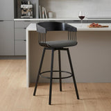 27" Gray And Black Faux Leather And Fabric And Metal Counter Height Swivel Bar Chair