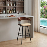 31" Cream And Black Faux Leather And Fabric And Metal Bar Height Swivel Bar Chair
