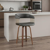 26" Gray And Brown Faux Leather And Fabric And Wood Counter Height Swivel Bar Chair