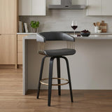 26" Gray And Black Faux Leather And Fabric And Wood Counter Height Swivel Bar Chair