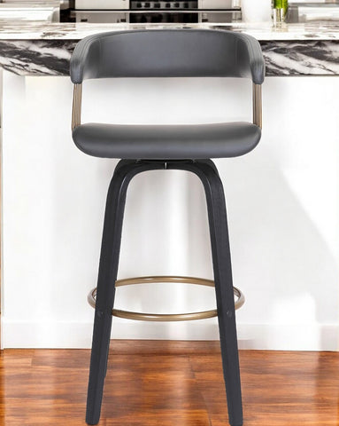 26" Gray And Black Faux Leather Swivel Counter Height Bar Chair