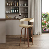 31" Cream And Brown Faux Leather And Fabric And Wood Bar Height Swivel Bar Chair