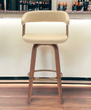 31" Cream And Wood Brown Faux Leather Swivel Bar Height Bar Chair