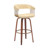 31" Cream And Wood Brown Faux Leather Swivel Bar Height Bar Chair