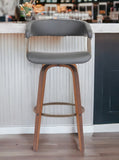 31" Gray And Wood Brown Faux Leather Swivel Bar Height Bar Chair