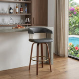 31" Gray And Brown Faux Leather And Fabric And Wood Bar Height Swivel Bar Chair