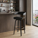 31" Black Faux Leather And Fabric And Wood Bar Height Swivel Bar Chair