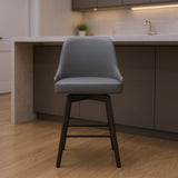 26" Gray And Black Faux Leather And Fabric And Solid Wood Counter Height Swivel Bar Chair
