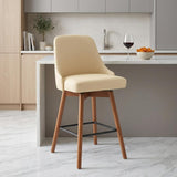 26" Cream And Brown Faux Leather And Fabric And Solid Wood Counter Height Swivel Bar Chair