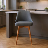 26" Gray And Brown Faux Leather And Fabric And Solid Wood Counter Height Swivel Bar Chair