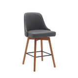 26" Gray and Wood Brown Faux Leather with Solid Wood Swivel Counter Height Bar Chair