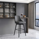 30" Gray And Black Faux Leather And Fabric And Solid Wood Bar Height Swivel Bar Chair