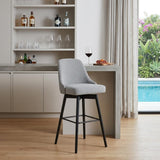 30" Light Gray And Black Fabric And Solid Wood Bar Height Swivel Bar Chair