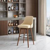 30" Cream And Brown Faux Leather And Fabric And Solid Wood Bar Height Swivel Bar Chair