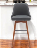 30" Gray and Wood Brown Faux Leather with Solid Wood Swivel Bar Height Bar Chair