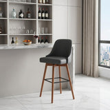 30" Gray And Brown Faux Leather And Fabric And Solid Wood Bar Height Swivel Bar Chair