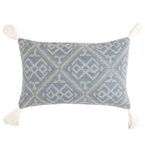 15" x 26"  Blue and White Geometric Cotton Pillow Cover With Tassels