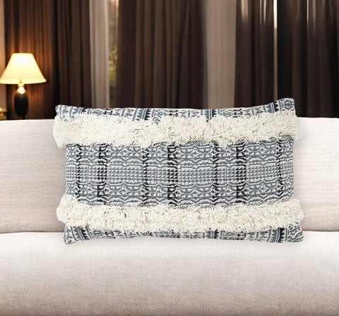 12" X 20" Blue and White Striped Cotton Throw Pillow Cover With Fringe