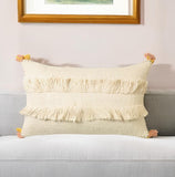 12" X 20" Ivory and White Striped Cotton Throw Pillow Cover With Fringe, Tassels