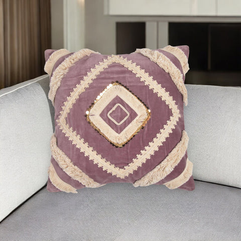 18" Purple and Ivory Geometric Cotton Throw Pillow Cover With Lace