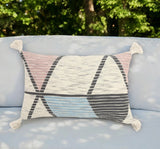 14" X 22" Ivory Gray and Pink Geometric Cotton Lumbar Throw Pillow Cover With Tassels