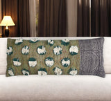 12" X 28" Beige and Green Abstract Cotton Throw Pillow Cover With Fringe
