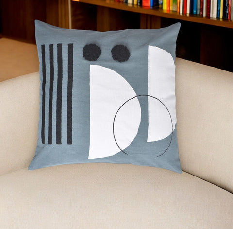 18" Blue and White Patchwork Cotton Throw Pillow Cover With Embroidery