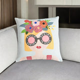 16" Blue and Pink Floral Cotton Throw Pillow Cover With Embroidery