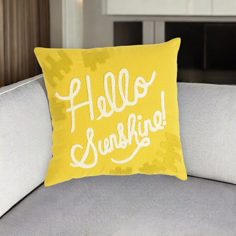 16" Yellow and White Cotton Throw Pillow Cover With Embroidery