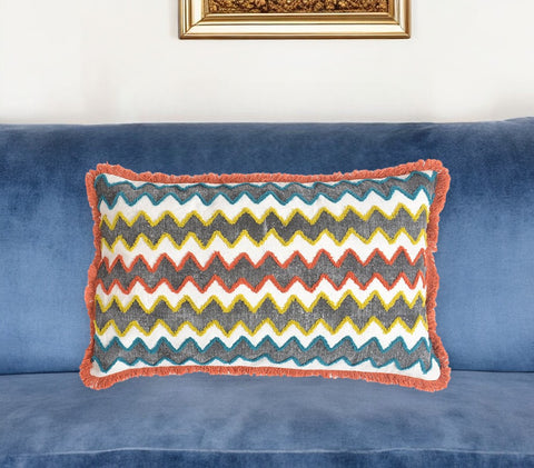 12" X 20" Orange and White Chevron Cotton Blend Throw Pillow Cover With Fringe
