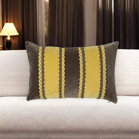 12" X 20" Yellow and Brown Striped Cotton Throw Pillow Cover With Lace