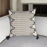 18" Black and White Striped Cotton Throw Pillow Cover With Fringe, Tassels