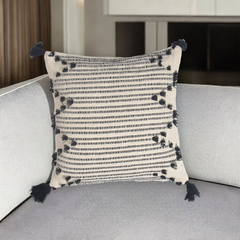 18" Black and White Striped Cotton Throw Pillow Cover With Fringe, Tassels