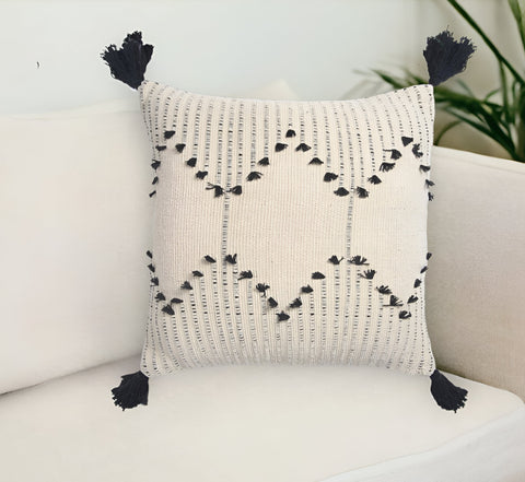 18" Black and White Diamond Cotton Throw Pillow Cover With Fringe, Tassels