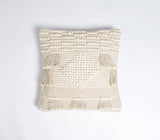 18" Ivory and White Striped Cotton Throw Pillow Cover With Fringe, Tufts