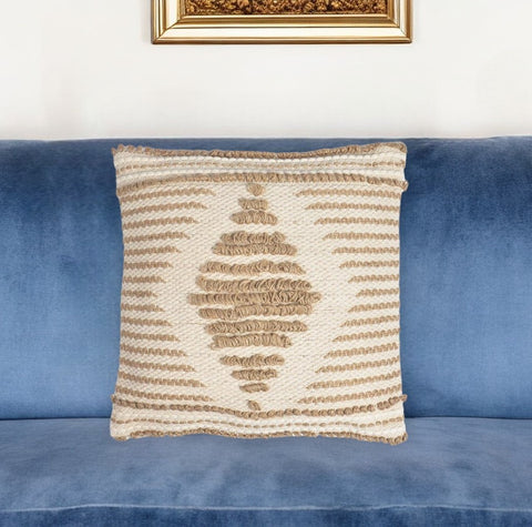 18" Beige and Brown Diamond Cotton Blend Throw Pillow Cover